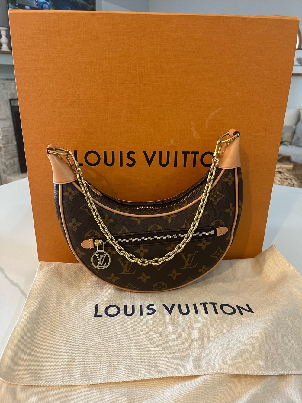 Louis Vuitton Monogram Crescent Shoulder Bag with Gold Chain and Tan Trim - Picture 3 of 5